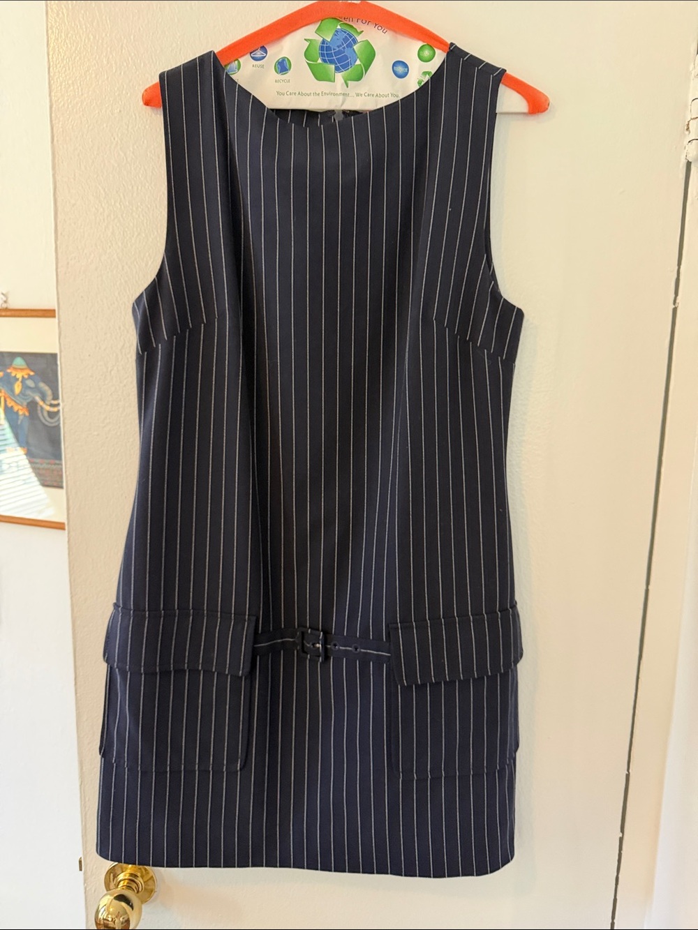 STAUD Navy and White Pinstripe Sleeveless Shift Dress